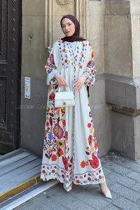 Lamelif Çiçek Detaylı Elbise Taş Rengi