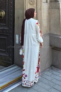 Lamelif Çiçek Detaylı Elbise Taş Rengi