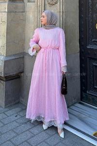 Lamelif Dantel Detaylı Matteo Elbise Pembe