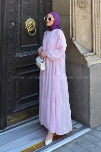 Lamelif Kat Detaylı Tensel Tesettür Elbise Pembe