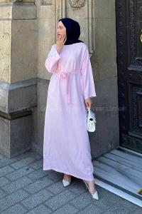 Lamelif Kuşaklı Dokuma Elbise Şeker Pembesi