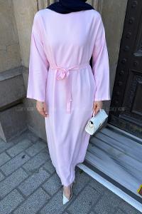 Lamelif Kuşaklı Dokuma Elbise Şeker Pembesi