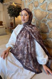 Lamelif  Botanik Çiçek Desen Lara Soft Şal Acı Kahve