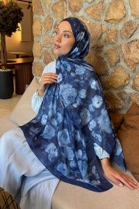 Lamelif  Botanik Çiçek Desen Lara Soft Şal Lacivert