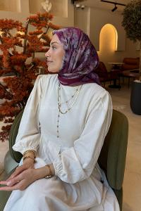 Lamelif Çiçek Desen Bambu Eşarp Mürdüm