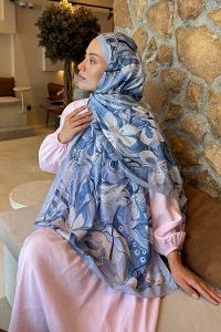 Lamelif Çiçek Desen Lara Soft Şal Bebe Mavisi