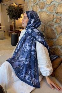 Lamelif Çiçek Desen Lara Soft Şal Lacivert