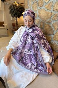 Lamelif Çiçek Desen Lara Soft Şal Lila