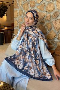 Lamelif Papatya Desen Lara Soft Şal Gece Mavisi