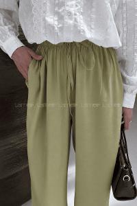 Oil Green Tensel Elastic Waist Comfortable Pants