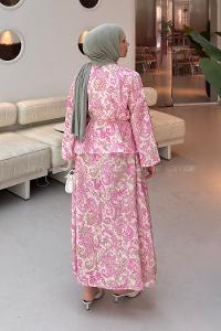 Lamelif Birit Düğmeli Desenli Etekli Takım Pembe