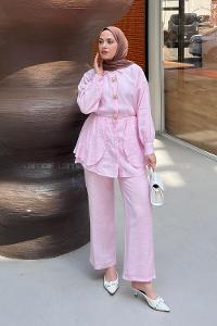 Lamelif Charm Düğme Kapamalı Pantolon Takım Pembe