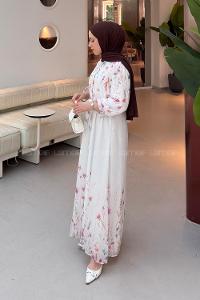 Lamelif Çiçek Baskılı Bağlama Detaylı Tesettür Elbise Beyaz