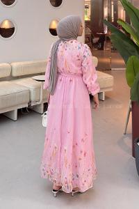 Lamelif Çiçek Baskılı Bağlama Detaylı Tesettür Elbise Pembe