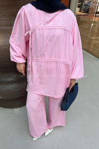 Lamelif Tünel Detaylı Pantolonlu Müslin Takım Pembe