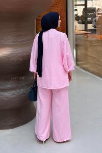 Lamelif Tünel Detaylı Pantolonlu Müslin Takım Pembe