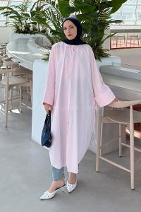 Lamelif Yırtmaç Detaylı Uzun Tunik Pembe