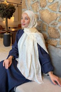 Lamelif  Bloom Desen Ayrobin Floş Jakar  Şal Krem