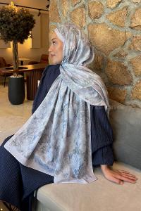 Lamelif Floral Desen Lara Soft Şal Gümüş Gri