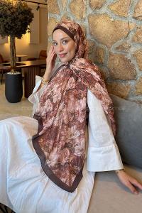 Lamelif Floral Desen Lara Soft Şal Kahverengi