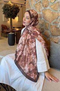 Lamelif Floral Desen Lara Soft Şal Kahverengi