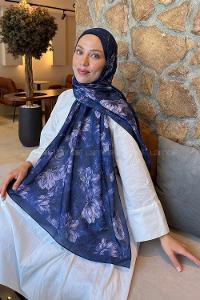 Lamelif Floral Desen Lara Soft Şal Lacivert