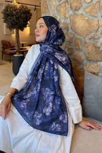 Lamelif Floral Desen Lara Soft Şal Lacivert