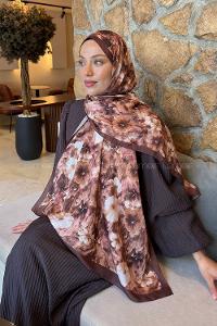 Lamelif Flower Desen Lara Soft Şal Kahverengi