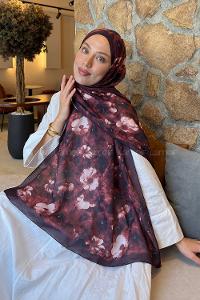 Lamelif Flower Desen Lara Soft Şal Koyu Bordo