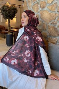 Lamelif Flower Desen Lara Soft Şal Koyu Bordo