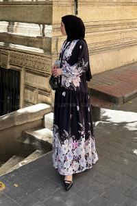 Lamelif Çiçek Detaylı Elbise Siyah