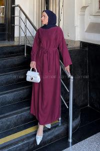 Lamelif Kuşaklı Dokuma Elbise Bordo