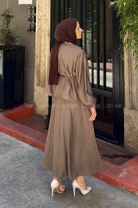 Lamelif Volan Detaylı Bağlamalı Etekli Takım Vizonrengi