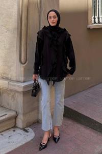 Black Mandarin Collar Long Arm Cotton Unprinted Shirt