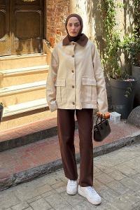 Brown Beige Shirt Collar Long Arm Cotton Jacket