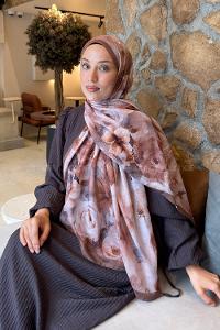Lamelif Zambak Desen Lara Soft Şal Sütlü Kahve