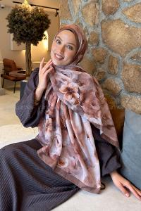 Lamelif Zambak Desen Lara Soft Şal Sütlü Kahve