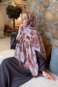 Lamelif Zambak Desen Lara Soft Şal Sütlü Kahve