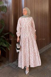 Lamelif V Yaka Tomurcuk Desenli Elbise Pembe