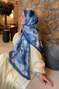 Lamelif Çiçek Desen Lara Soft Şal Gece Mavisi