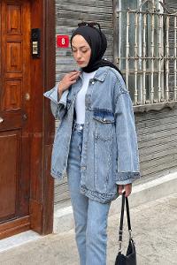 Lamelif Çift Cepli Oversize Ceket Buz Mavi