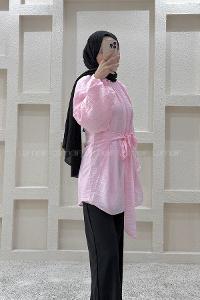Lamelif Gül Broşlu Balon Kol Tunik Pembe