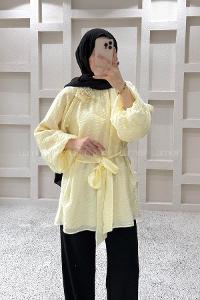 Lamelif Gül Broşlu Balon Kol Tunik Sarı