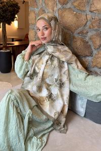 Lamelif Poeny Desen Lara Soft Şal Mint Yeşili