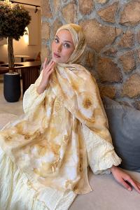 Lamelif Poeny Desen Lara Soft Şal Sarı