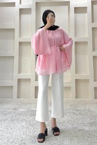 Lamelif Bağlama Detaylı Şifon Tunik Pembe