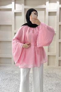 Lamelif Bağlama Detaylı Şifon Tunik Pembe