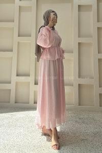 Lamelif Büzgülü Düğme Detaylı Takım Pembe