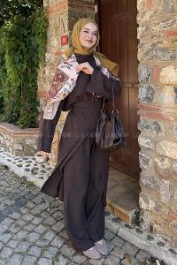 Lamelif Şal Detay Pantolonlu Bel Bağlamalı Takım Acı Kahve