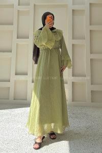 Oil Green Peter Pan Collar Viscose Unprinted Dresess